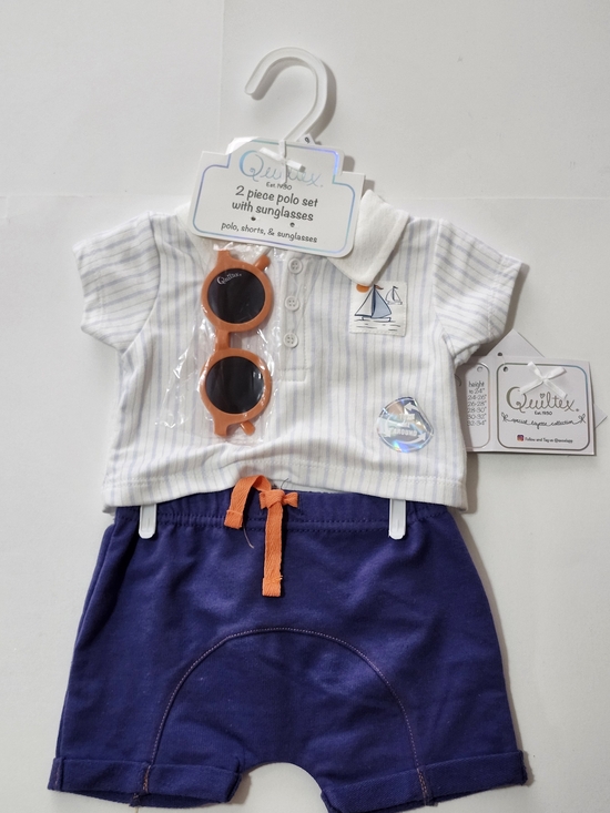 Quiltex Other - Quiltex White Striped Polo & Navy Shorts Set with Orange Sunglasses